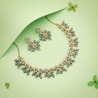 Tehzeeb Creations Gold-Polished Sky Blue Colour Choker With Dangle Earrings | Grocsy