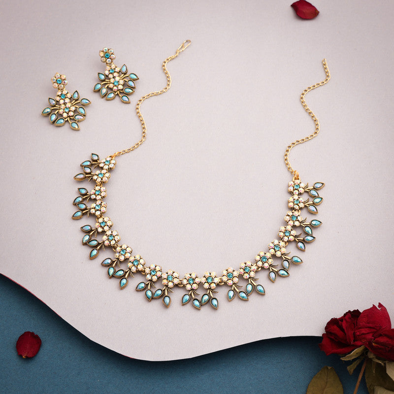 Tehzeeb Creations Gold-Polished Sky Blue Colour Choker With Dangle Earrings | Grocsy