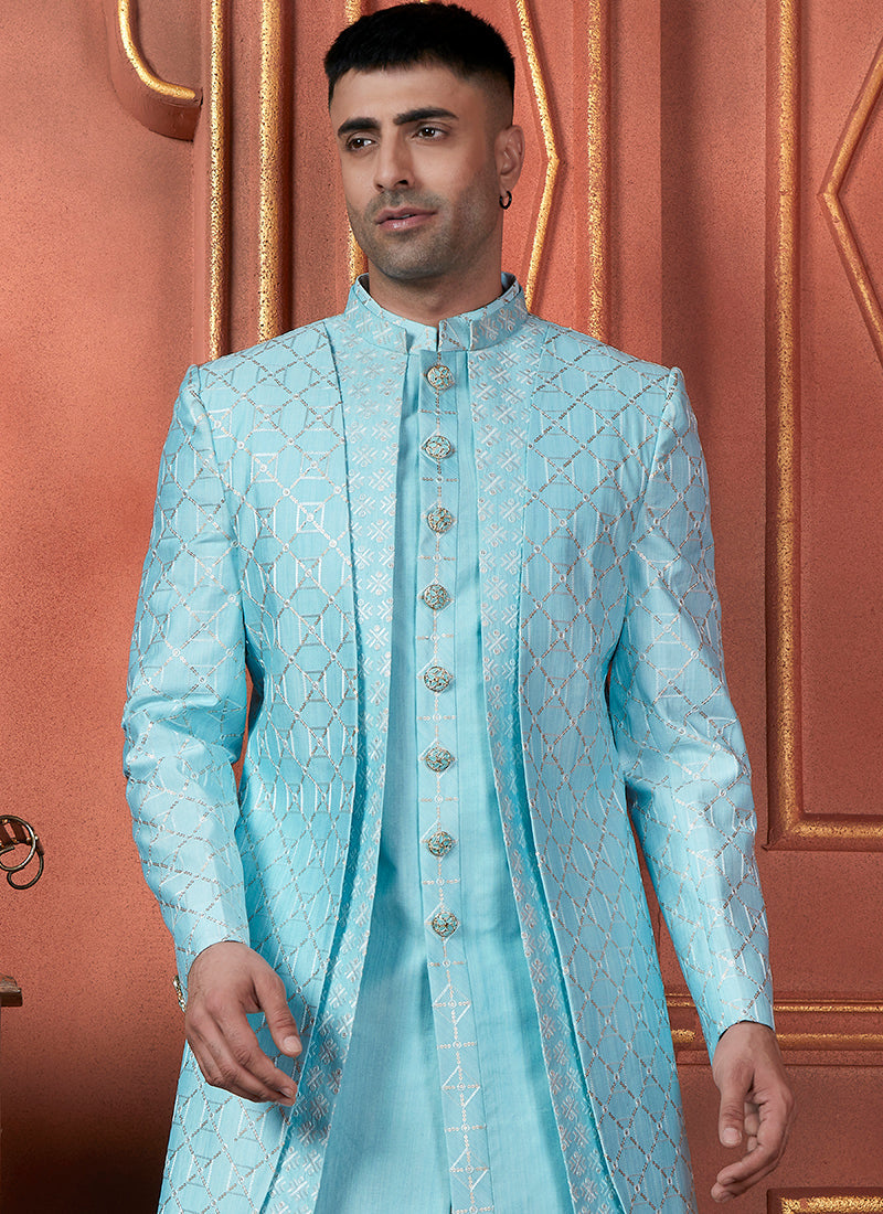Raivat Ethnic Mens Art Silk Thread Work Indo Western In Sky Blue Colour | Grocsy