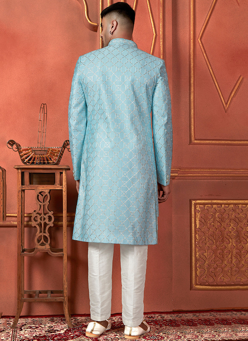 Raivat Ethnic Mens Art Silk Thread Work Indo Western In Sky Blue Colour | Grocsy