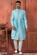 Raivat Ethnic Mens Art Silk Thread Work Indo Western In Sky Blue Colour | Grocsy