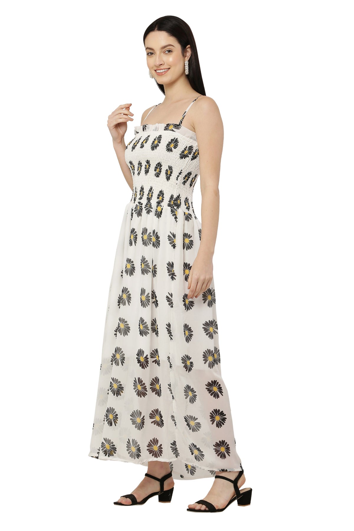 PAVONINE Peach Color Flower Printed Lace Bottom Dress For Women | Grocsy