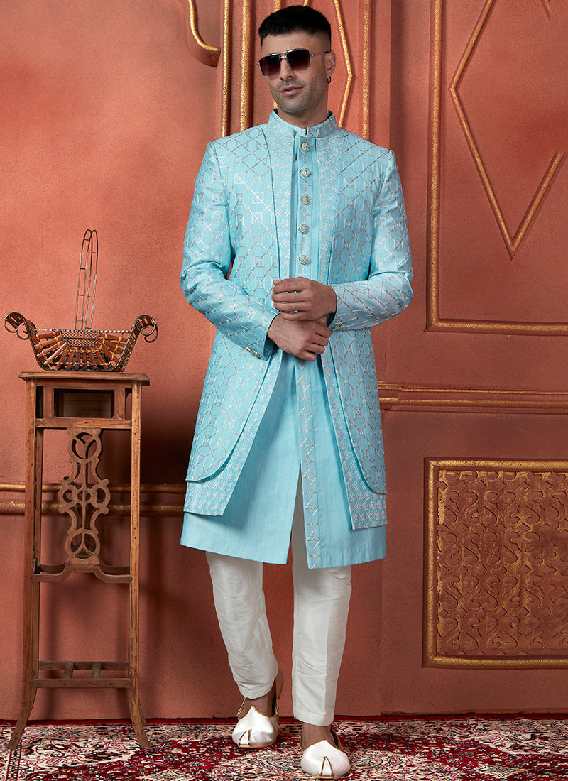 Raivat Ethnic Mens Art Silk Thread Work Indo Western In Sky Blue Colour | Grocsy