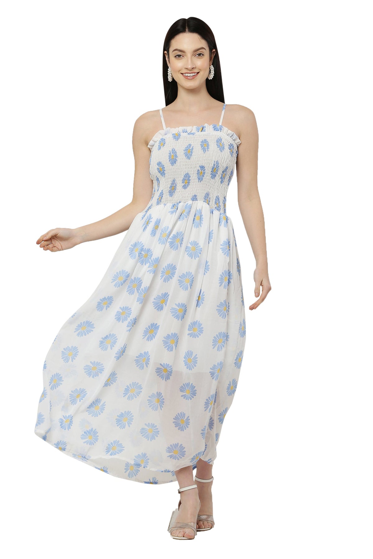 PAVONINE Pink Color Flower Printed Lace Bottom Dress For Women | Grocsy