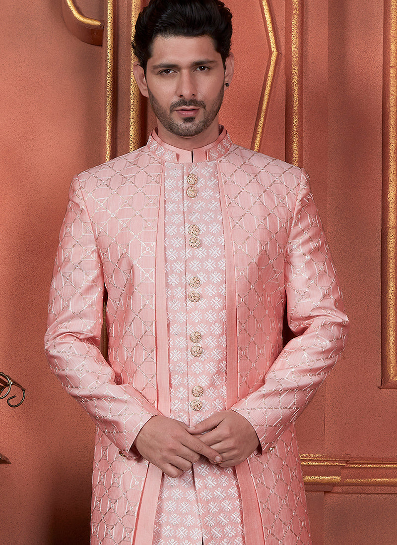 Raivat Ethnic Mens Art Silk Thread Work Indo Western In Pink Colour | Grocsy