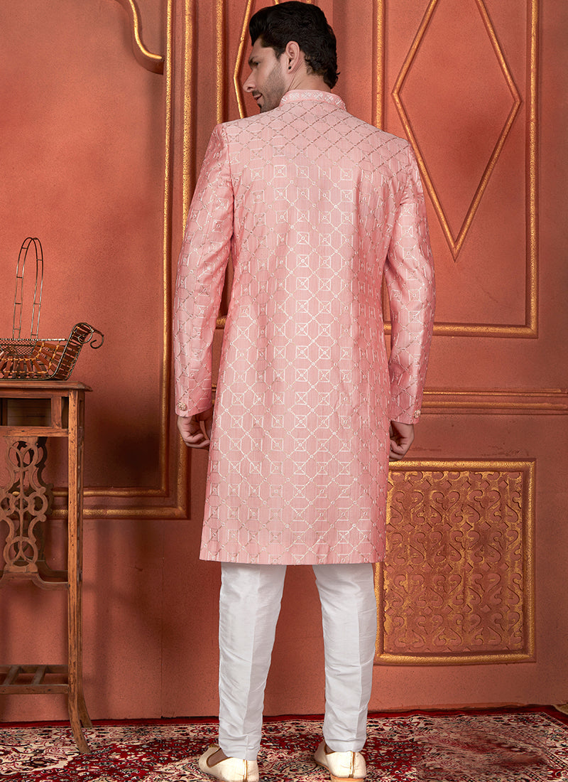 Raivat Ethnic Mens Art Silk Thread Work Indo Western In Pink Colour | Grocsy