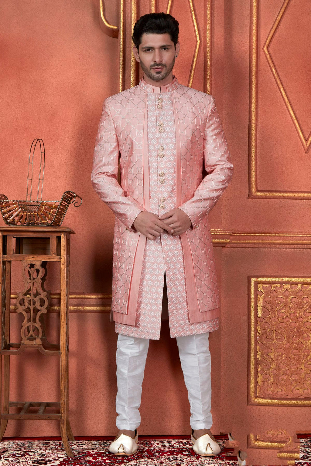 Raivat Ethnic Mens Art Silk Thread Work Indo Western In Pink Colour | Grocsy