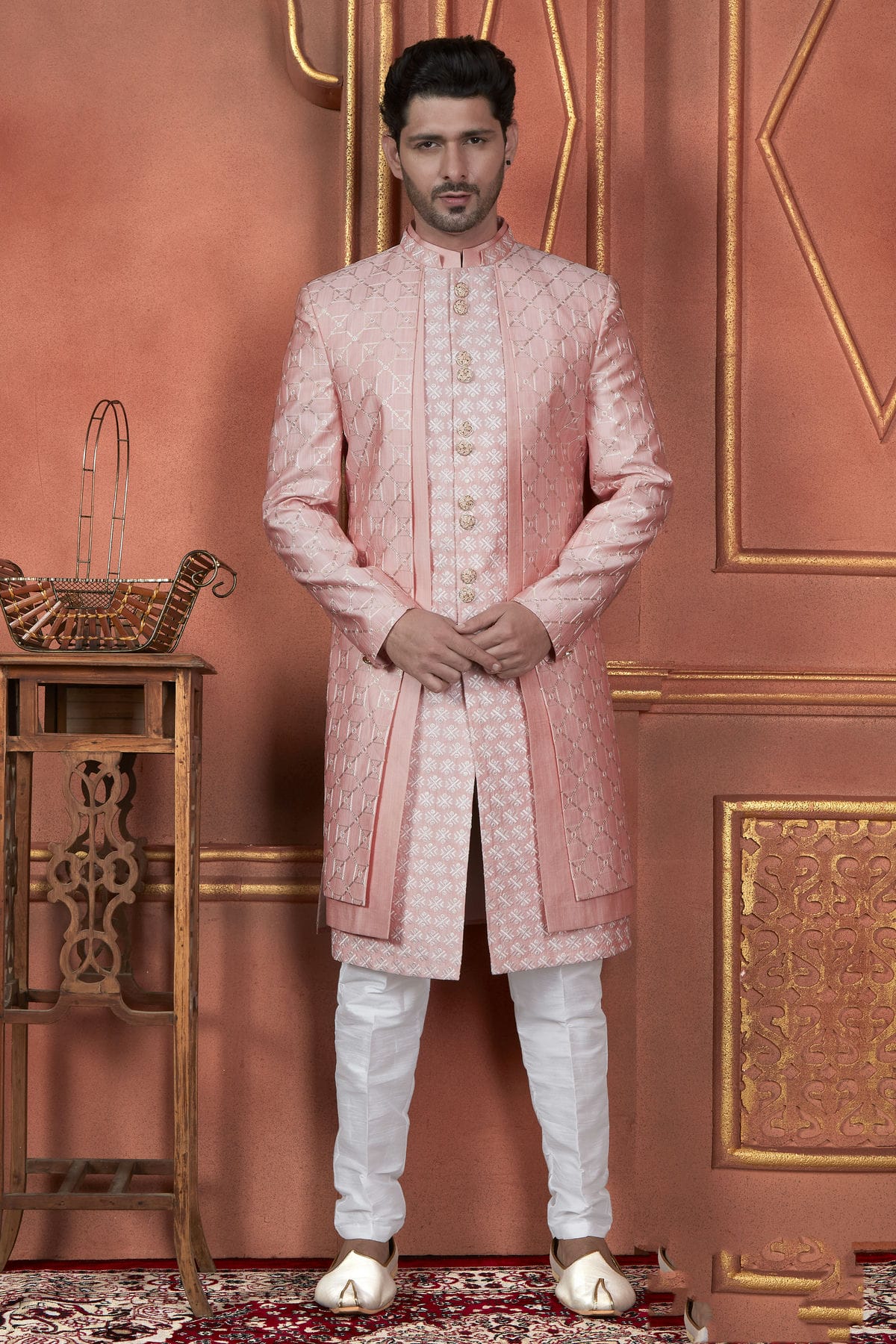 Raivat Ethnic Mens Art Silk Thread Work Indo Western In Pink Colour | Grocsy