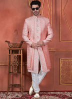 Raivat Ethnic Mens Art Silk Thread Work Indo Western In Pink Colour | Grocsy