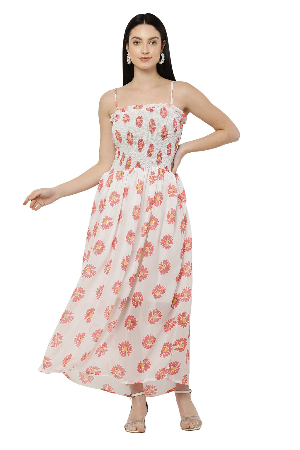 PAVONINE White Color Flower Printed Lace Bottom Dress For Women | Grocsy