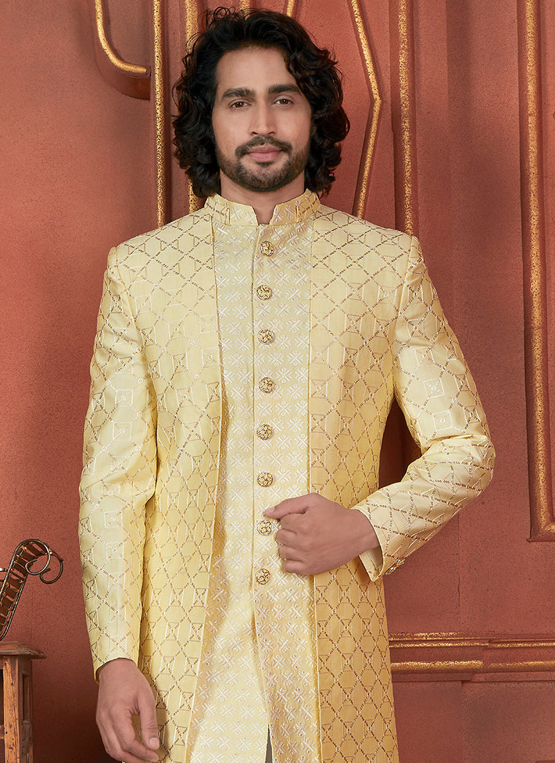 Raivat Ethnic Mens Art Silk Thread Work Indo Western In Yellow Colour | Grocsy