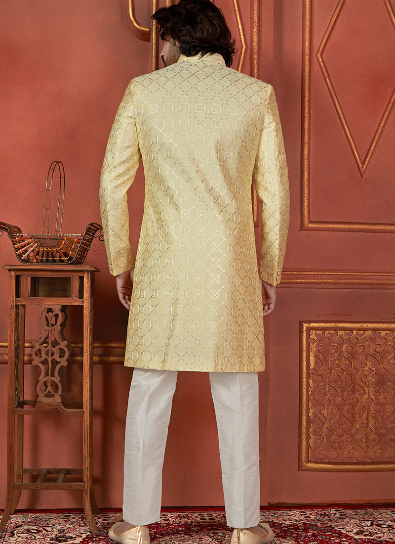 Raivat Ethnic Mens Art Silk Thread Work Indo Western In Yellow Colour | Grocsy