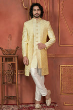 Raivat Ethnic Mens Art Silk Thread Work Indo Western In Yellow Colour | Grocsy