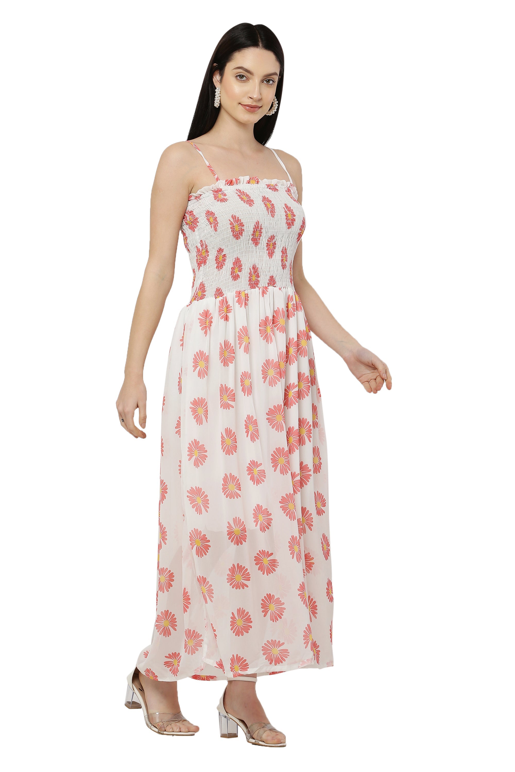 PAVONINE White Color Flower Printed Lace Bottom Dress For Women | Grocsy