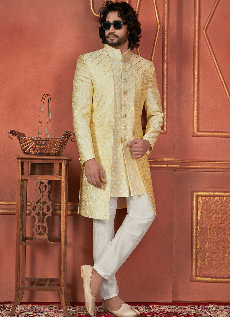 Raivat Ethnic Mens Art Silk Thread Work Indo Western In Yellow Colour | Grocsy