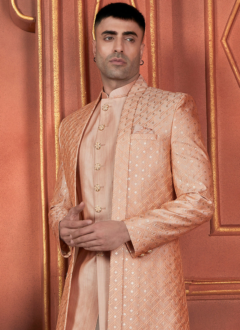 Raivat Ethnic Mens Art Silk Thread Work Indo Western In Dusty Peach Colour | Grocsy