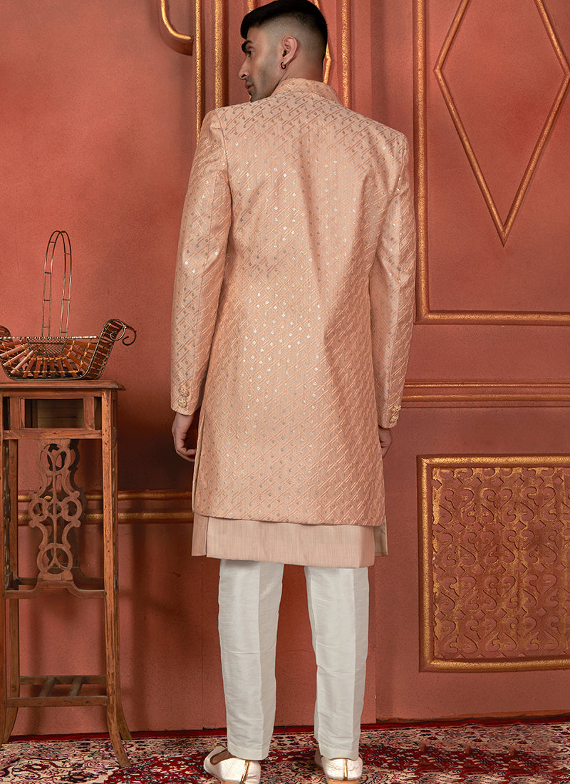 Raivat Ethnic Mens Art Silk Thread Work Indo Western In Dusty Peach Colour | Grocsy