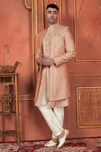 Raivat Ethnic Mens Art Silk Thread Work Indo Western In Dusty Peach Colour | Grocsy