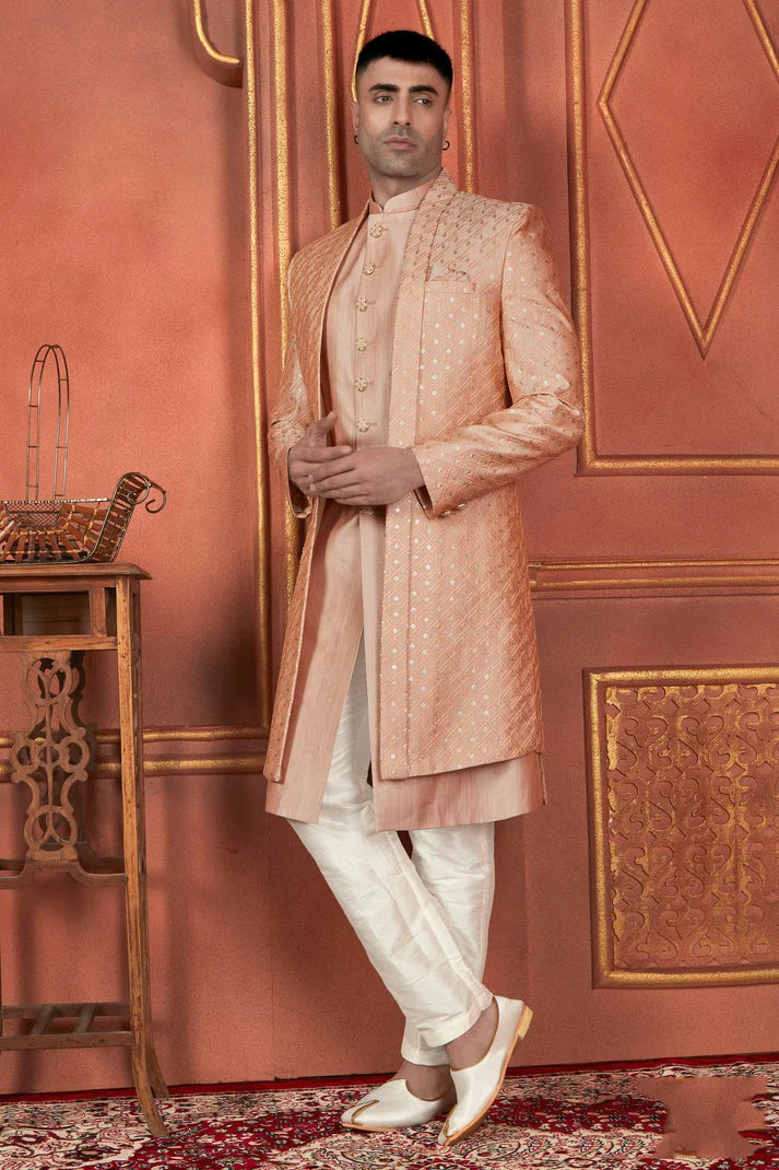 Raivat Ethnic Mens Art Silk Thread Work Indo Western In Dusty Peach Colour | Grocsy