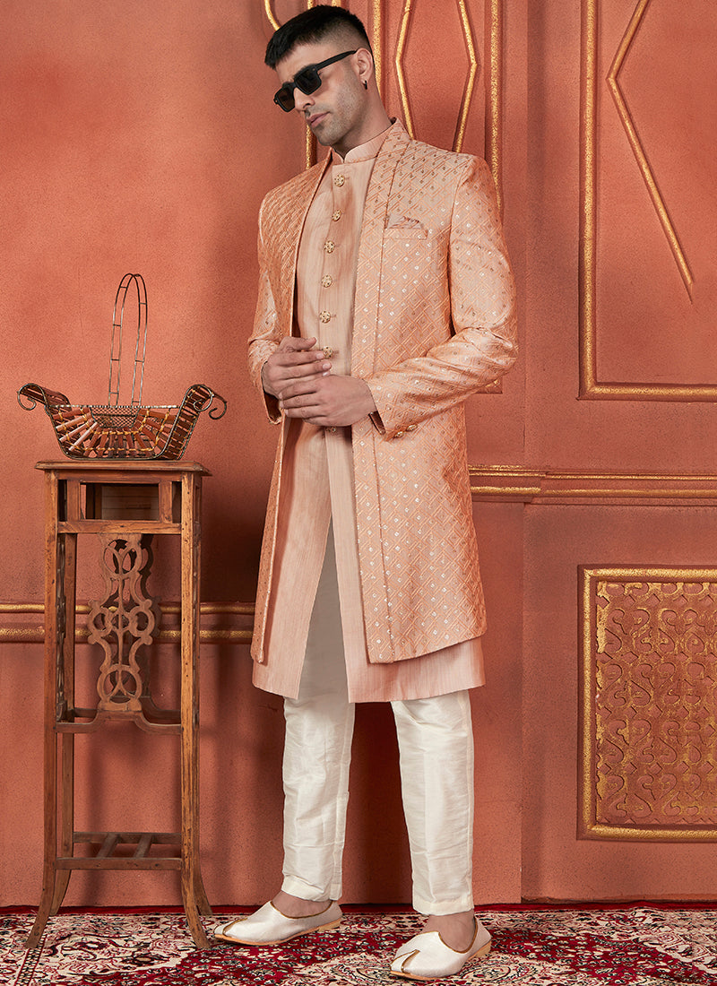 Raivat Ethnic Mens Art Silk Thread Work Indo Western In Dusty Peach Colour | Grocsy