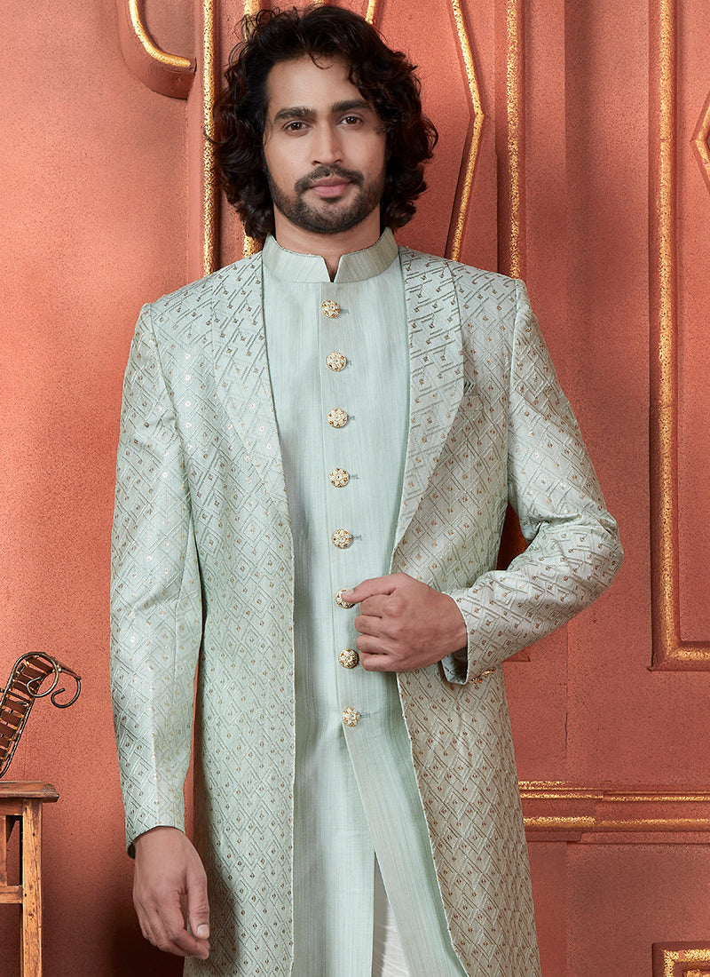 Raivat Ethnic Mens Art Silk Thread Work Indo Western In Pista Green Colour | Grocsy