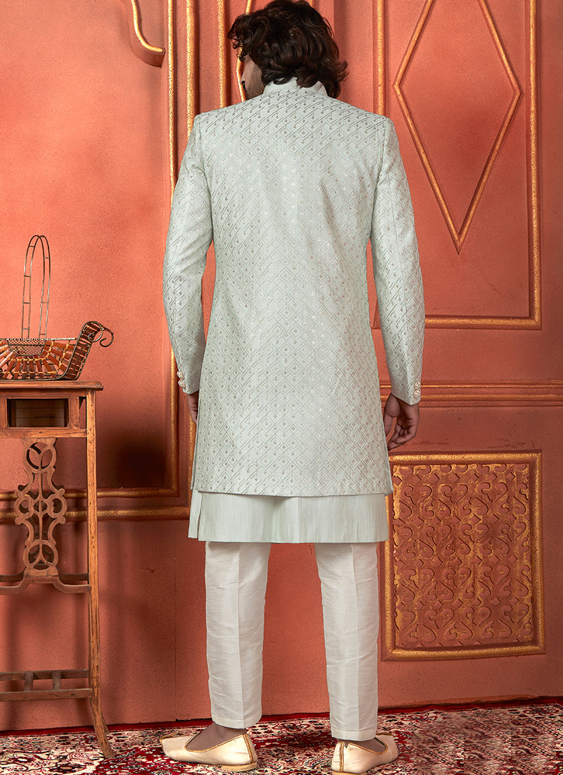 Raivat Ethnic Mens Art Silk Thread Work Indo Western In Pista Green Colour | Grocsy