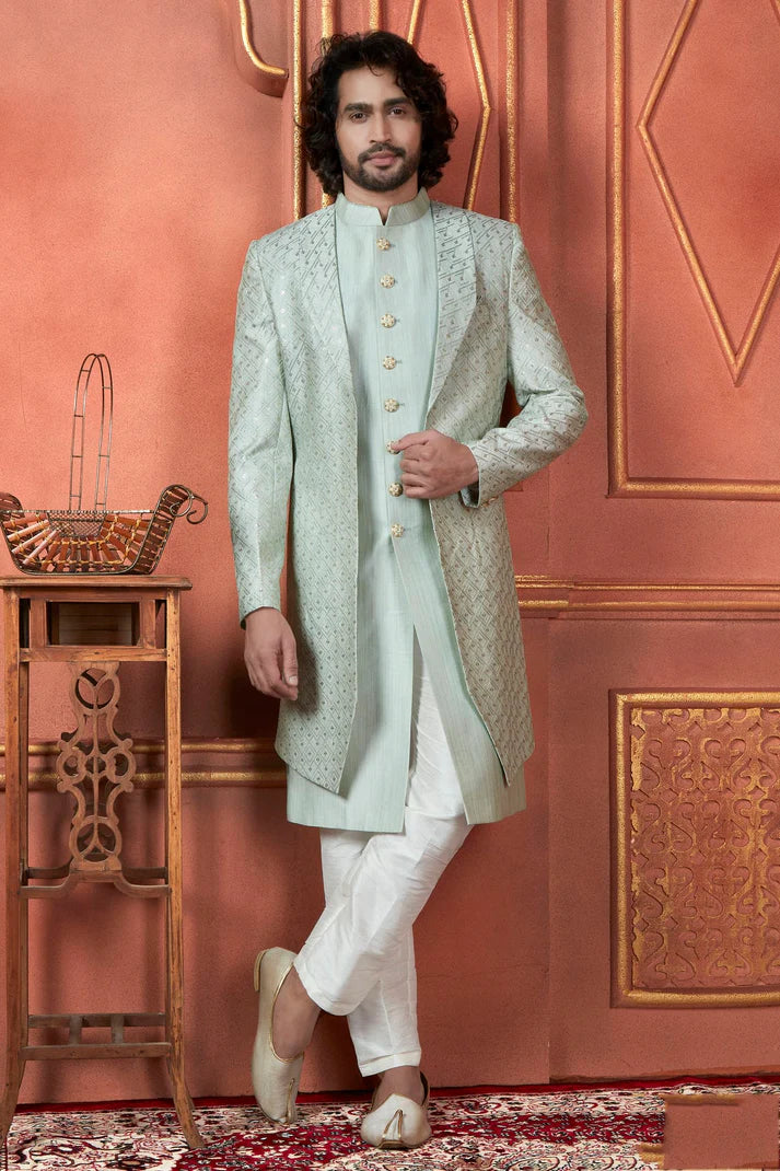 Raivat Ethnic Mens Art Silk Thread Work Indo Western In Pista Green Colour | Grocsy
