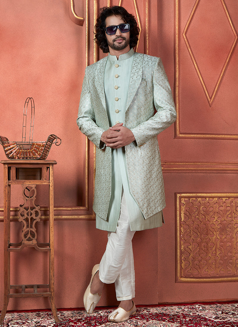 Raivat Ethnic Mens Art Silk Thread Work Indo Western In Pista Green Colour | Grocsy
