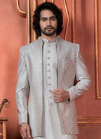 Raivat Ethnic Mens Art Silk Thread Work Indo Western In Grey Colour | Grocsy
