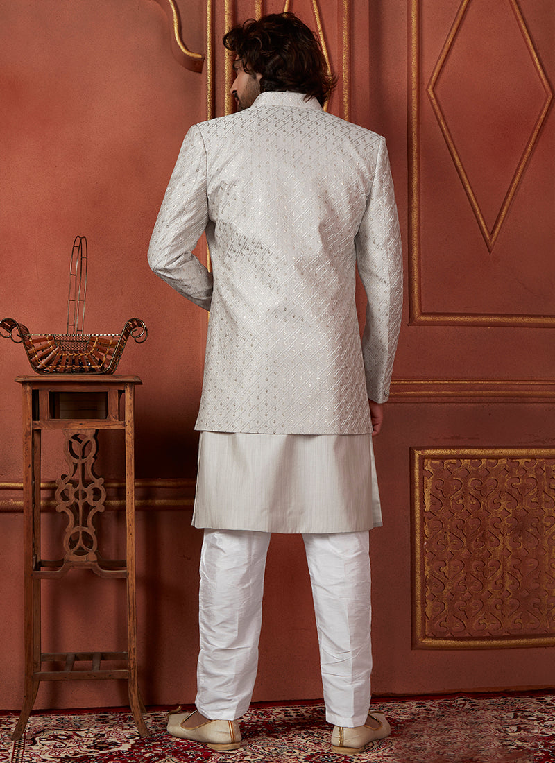 Raivat Ethnic Mens Art Silk Thread Work Indo Western In Grey Colour | Grocsy