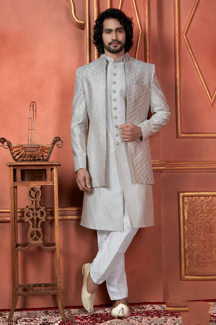 Raivat Ethnic Mens Art Silk Thread Work Indo Western In Grey Colour | Grocsy