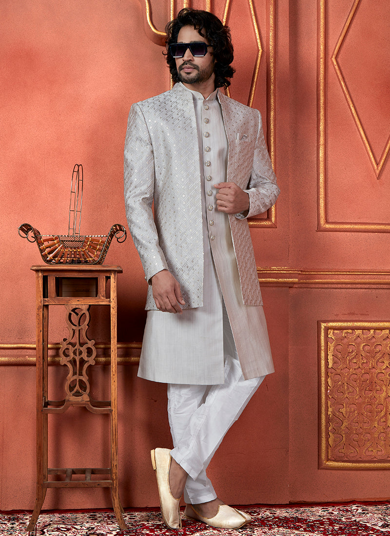 Raivat Ethnic Mens Art Silk Thread Work Indo Western In Grey Colour | Grocsy