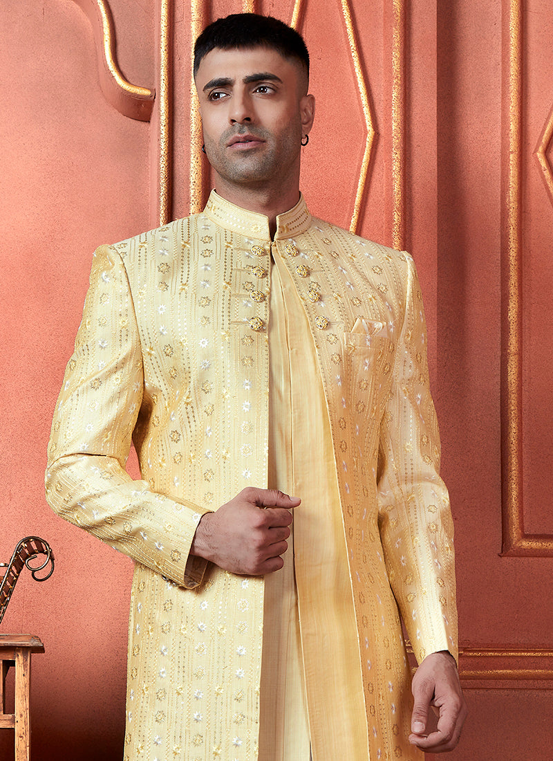 Raivat Ethnic Mens Art Silk Thread Work Indo Western In Yellow Colour | Grocsy