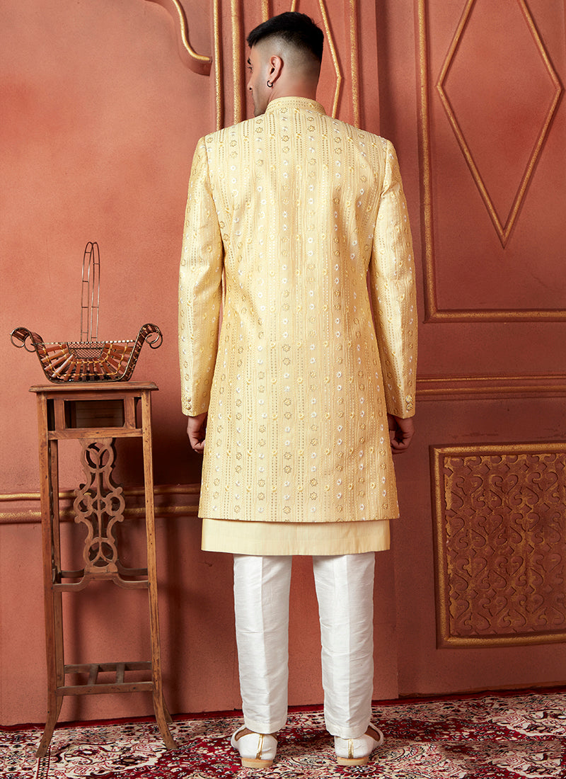Raivat Ethnic Mens Art Silk Thread Work Indo Western In Yellow Colour | Grocsy