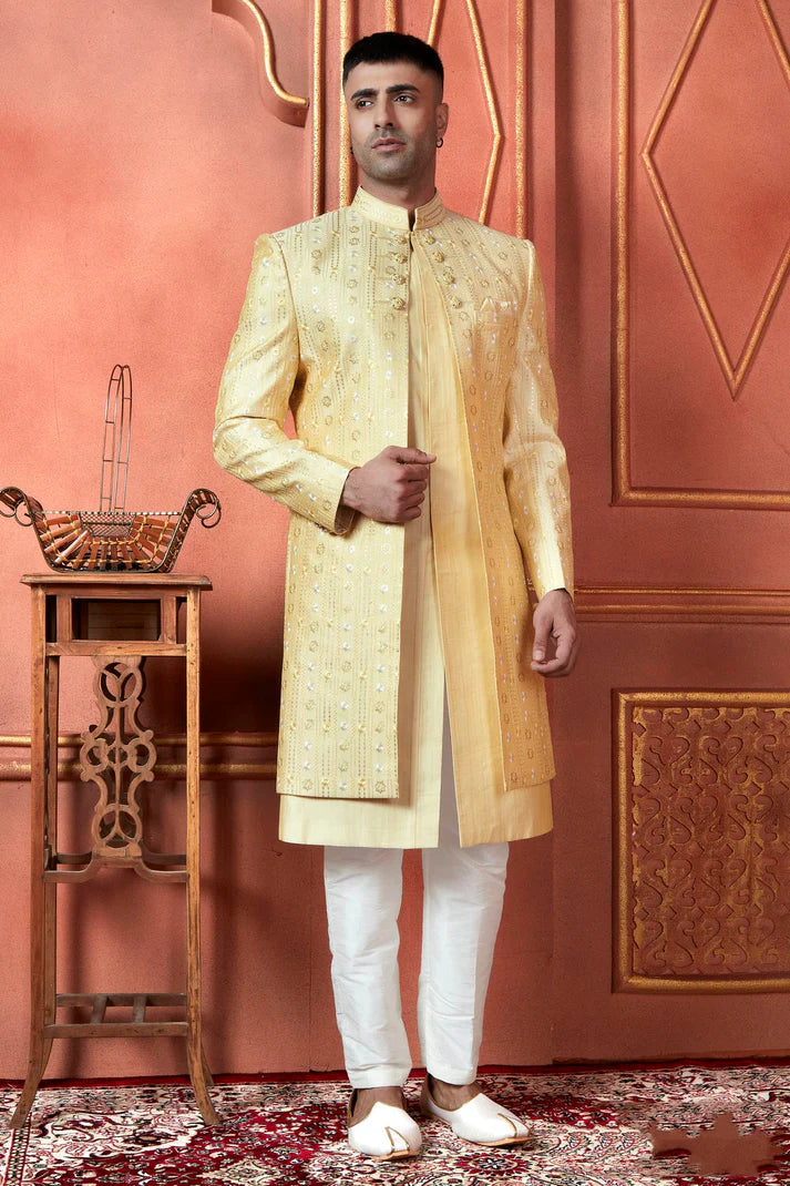 Raivat Ethnic Mens Art Silk Thread Work Indo Western In Yellow Colour | Grocsy