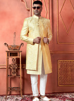 Raivat Ethnic Mens Art Silk Thread Work Indo Western In Yellow Colour | Grocsy