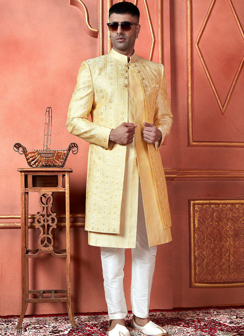 Raivat Ethnic Mens Art Silk Thread Work Indo Western In Yellow Colour | Grocsy