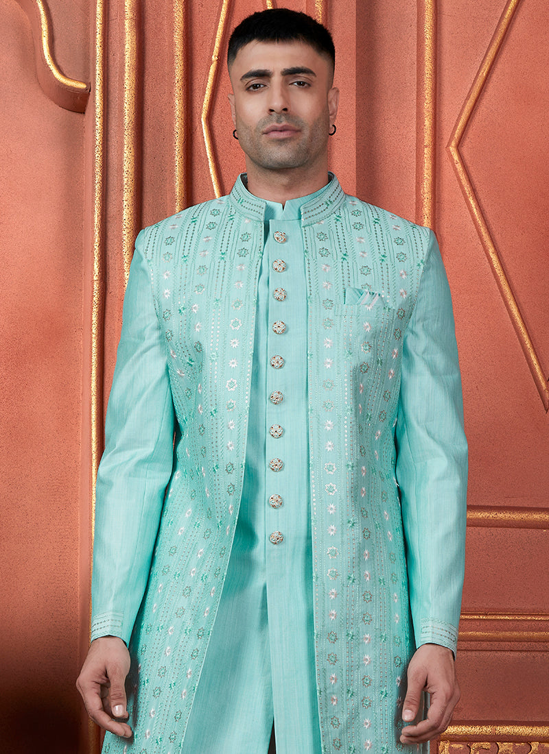 Raivat Ethnic Mens Art Silk Thread Work Indo Western In Pista Green Colour | Grocsy