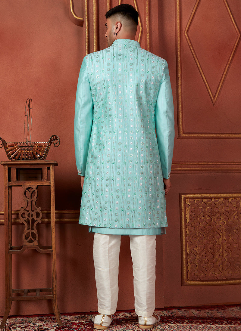 Raivat Ethnic Mens Art Silk Thread Work Indo Western In Pista Green Colour | Grocsy