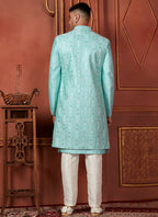 Raivat Ethnic Mens Art Silk Thread Work Indo Western In Pista Green Colour | Grocsy