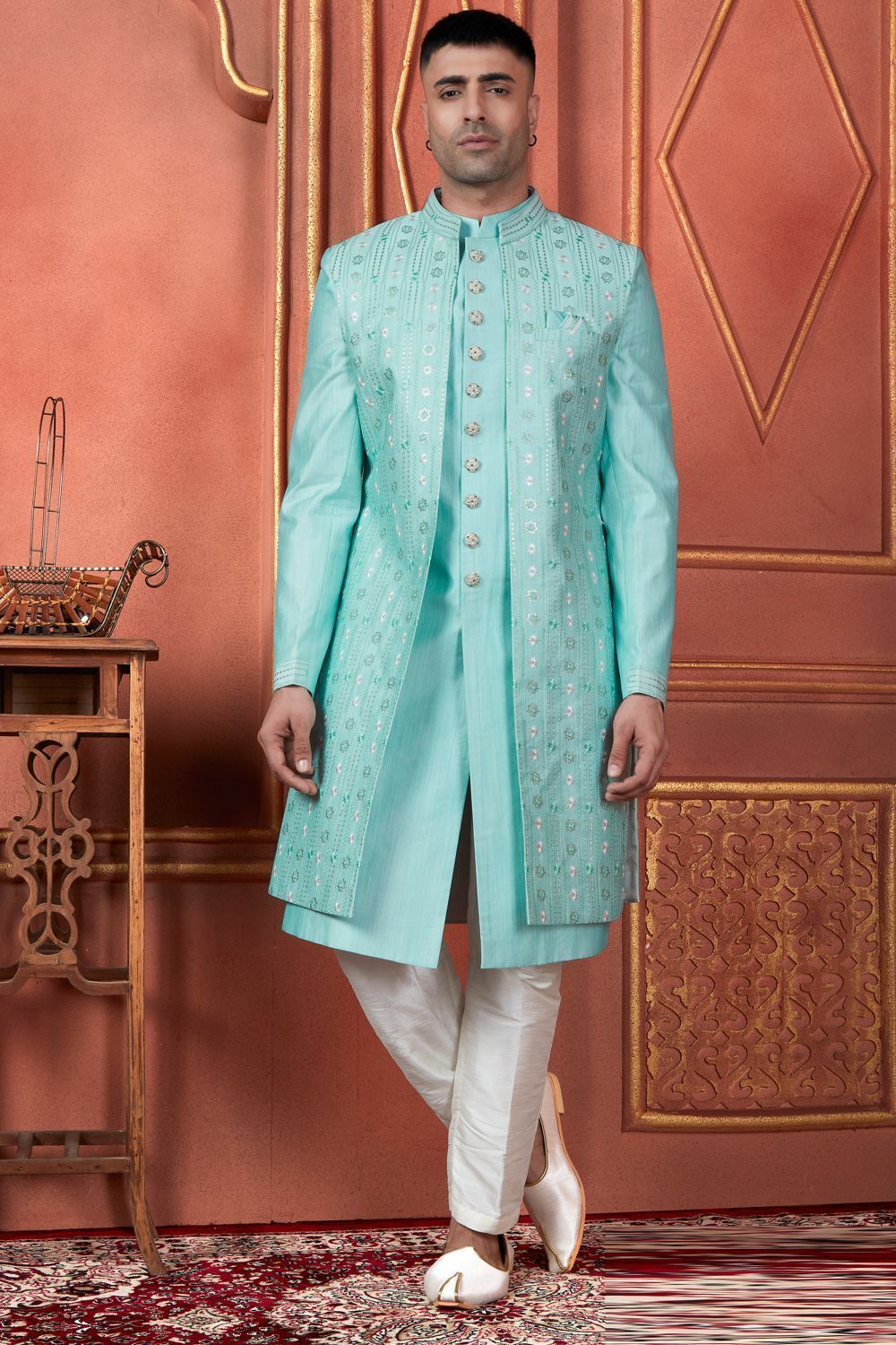 Raivat Ethnic Mens Art Silk Thread Work Indo Western In Pista Green Colour | Grocsy