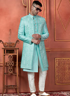 Raivat Ethnic Mens Art Silk Thread Work Indo Western In Pista Green Colour | Grocsy