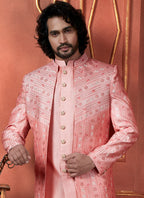Raivat Ethnic Mens Art Silk Thread Work Indo Western In Pink Colour | Grocsy