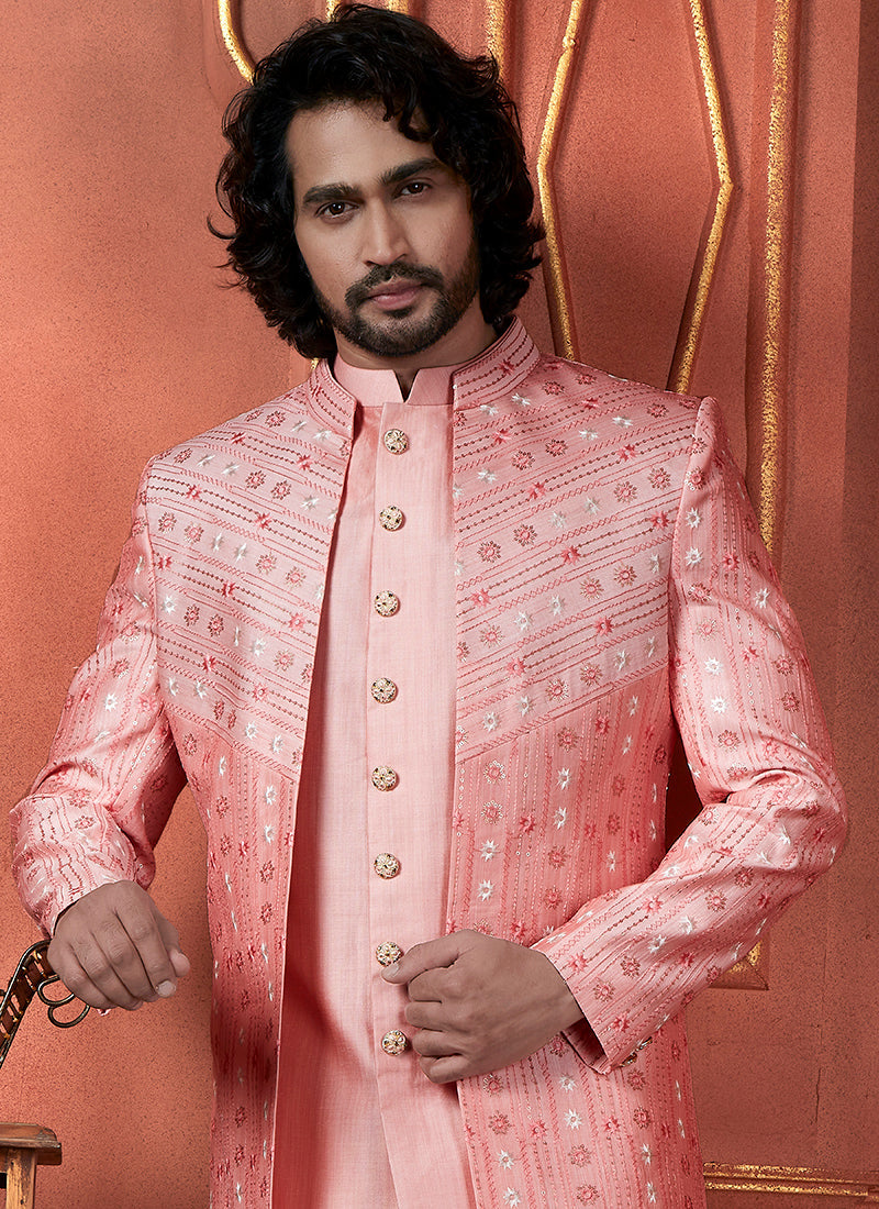 Raivat Ethnic Mens Art Silk Thread Work Indo Western In Pink Colour | Grocsy