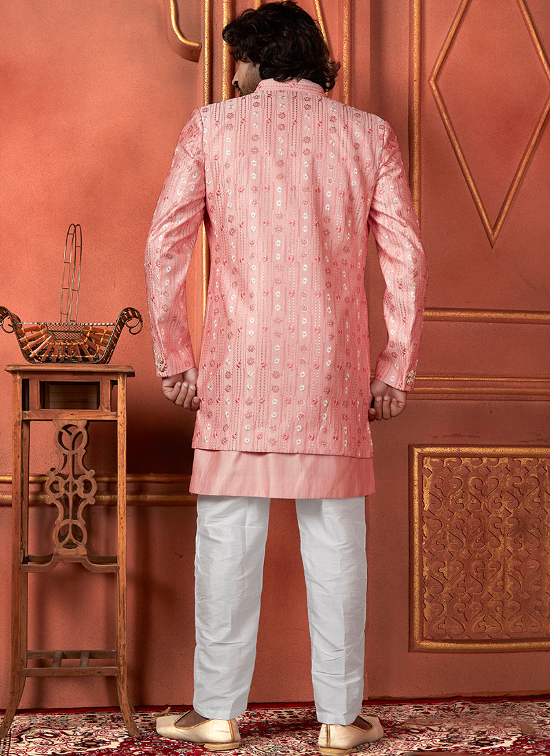Raivat Ethnic Mens Art Silk Thread Work Indo Western In Pink Colour | Grocsy