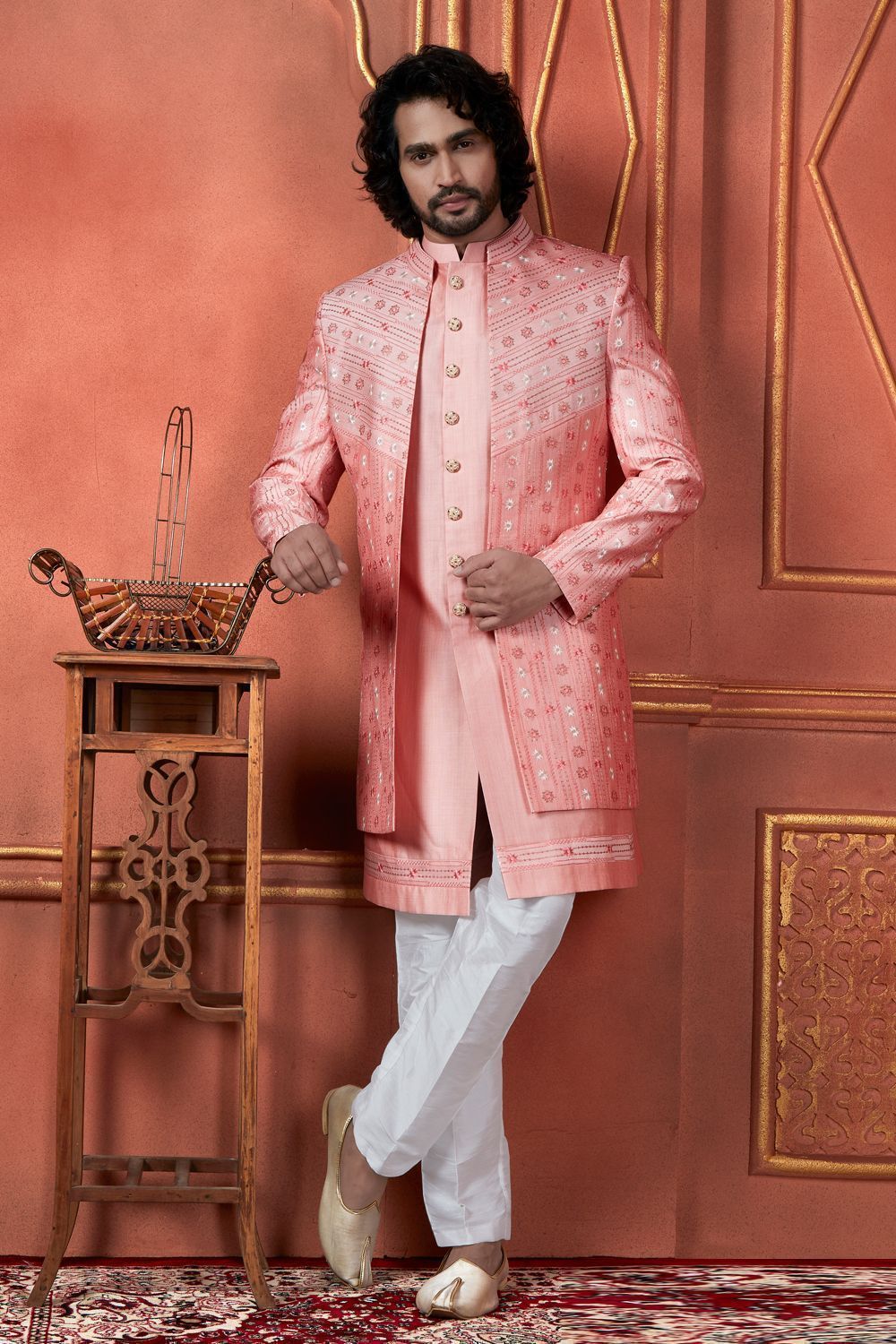 Raivat Ethnic Mens Art Silk Thread Work Indo Western In Pink Colour | Grocsy