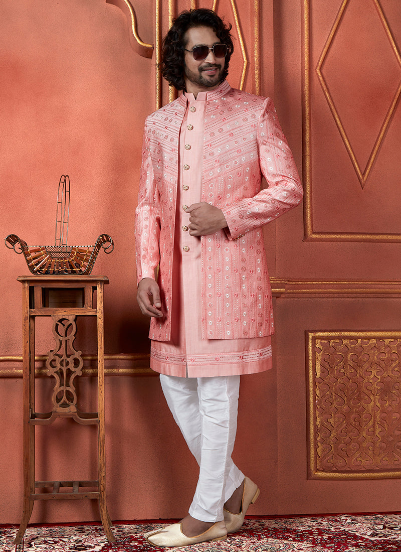 Raivat Ethnic Mens Art Silk Thread Work Indo Western In Pink Colour | Grocsy