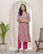 Vaasva Women Charcoal Cotton Printed Straight Kurti With Pant | Grocsy