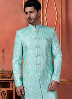 Raivat Ethnic Mens Art Silk Thread Work Indo Western In Green Colour | Grocsy
