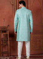 Raivat Ethnic Mens Art Silk Thread Work Indo Western In Green Colour | Grocsy